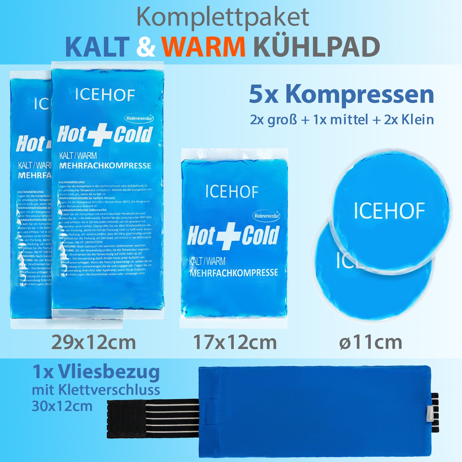 Kühlpads (5er-Set) mit Vlies-Hülle & Klettband